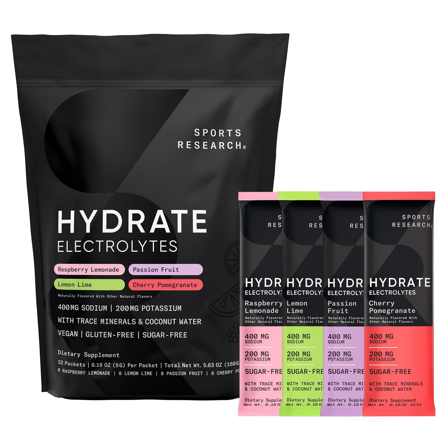 Sports Research® Hydrate Electrolytes Powder Packets - Sugar-Free & Naturally Flavored with Vitamins, Minerals, and Coconut Water