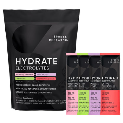 Sports Research® Hydrate Electrolytes Powder Packets - Sugar-Free & Naturally Flavored with Vitamins, Minerals, and Coconut Water