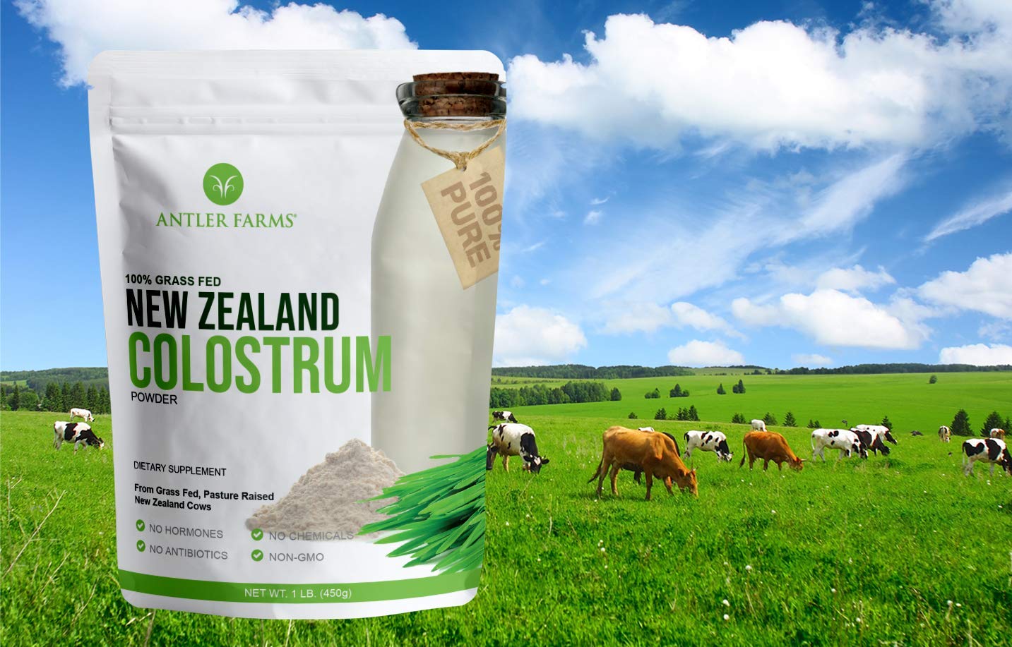 Antler Farms 100% Pure New Zealand Colostrum, 30 Servings, 1 lb - Grass Fed, Pasture Raised, Clean Sourced, Cold Processed,