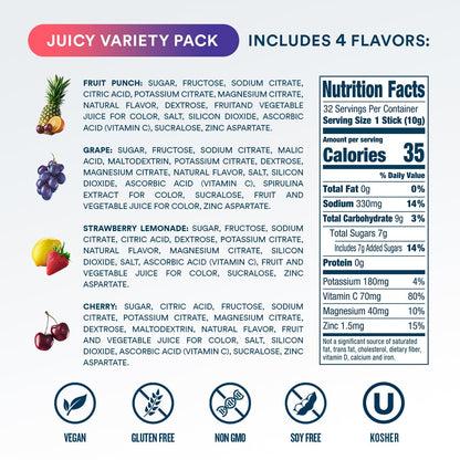 DripDrop Hydration Packets - Juicy Variety Pack - Single Serve Electrolytes Powder Drink Mix - Grape, Fruit Punch, Strawberry Lemonade, Cherry - Non-GMO,