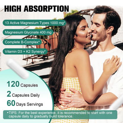 25-in-1 Magnesium Complex with Methylated B Complex Magnesium Glycinate Citrate Malate Taurate Gluconate Aspartate Carbonate D3 K2, Magnesium Supplement