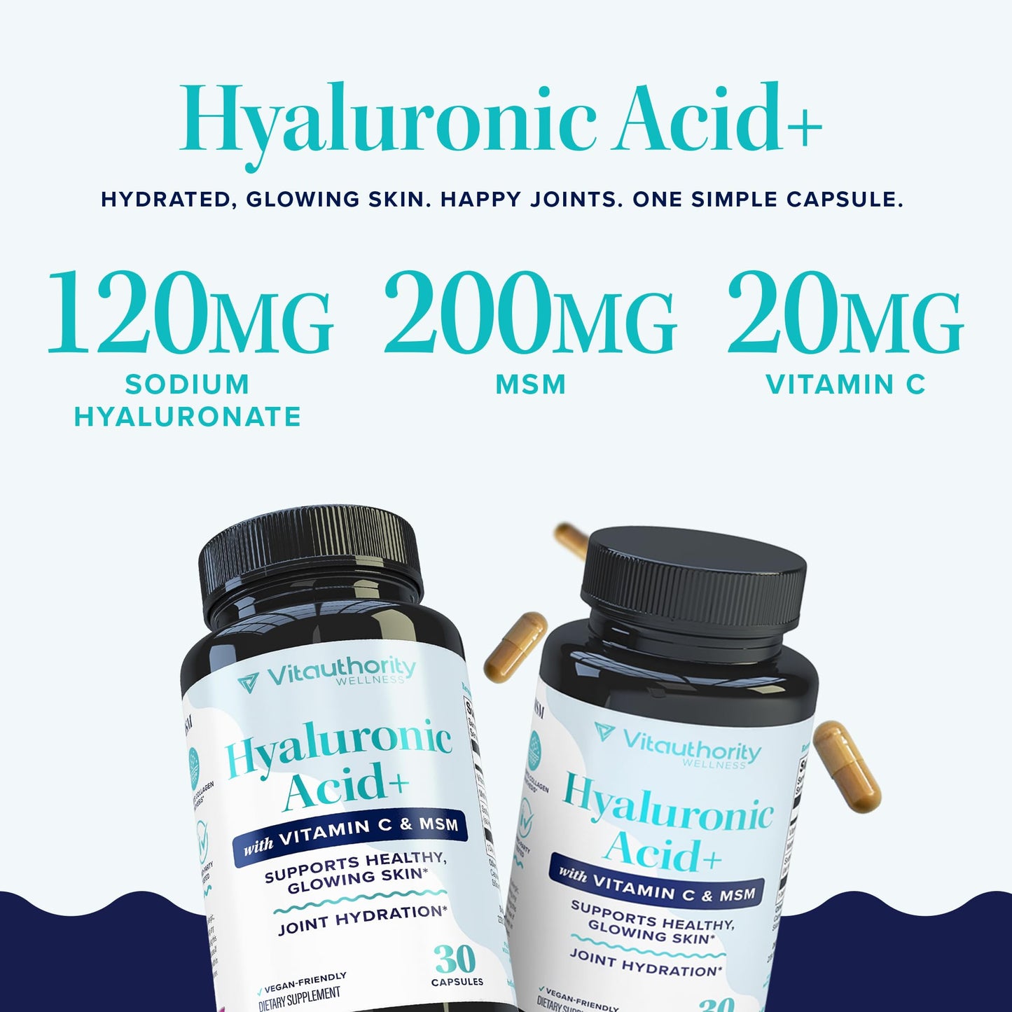 Hyaluronic Acid Capsules with MSM & Vitamin C | 120mg Sodium Hyaluronate | Skin Hydration, Elasticity & Collagen Support | Vegan, Non-GMO