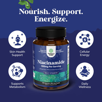 Pure Vitamin B3 Niacinamide 500mg Capsules - Niacinamide (Vit B3) 500mg Flush Free Form of B3 Vitamins for Skin Health Detox & NAD Production Support for Women & Men