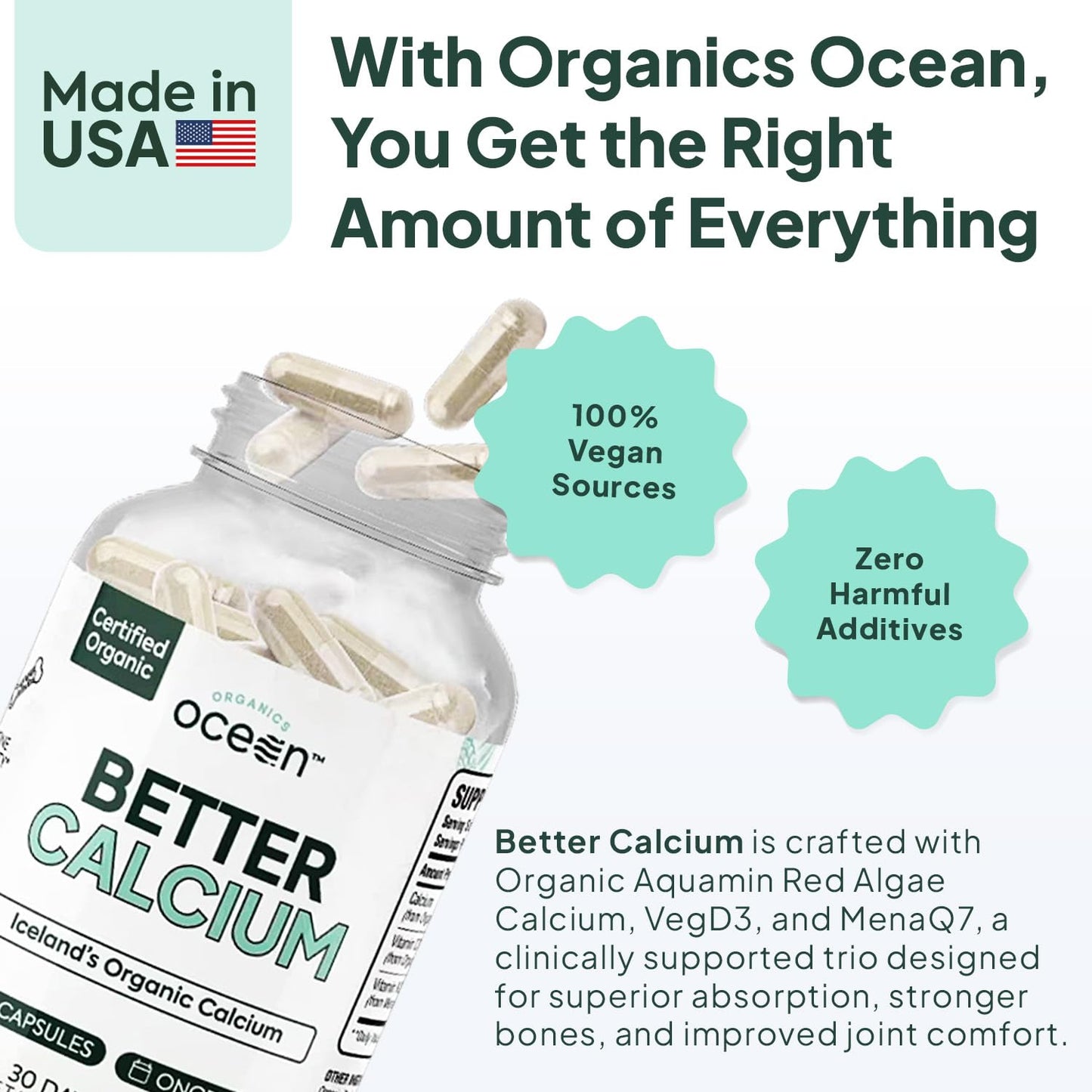 Organics Ocean Better Calcium - Organic Red Algae Calcium with Vitamin D3 and K2 Supplements - Supports Bone Structure, Joint Comfort & Encourages Healthy Aging