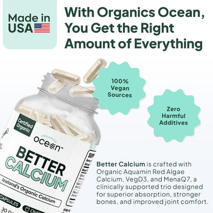 Organics Ocean Better Calcium - Organic Red Algae Calcium with Vitamin D3 and K2 Supplements - Supports Bone Structure, Joint Comfort & Encourages Healthy Aging