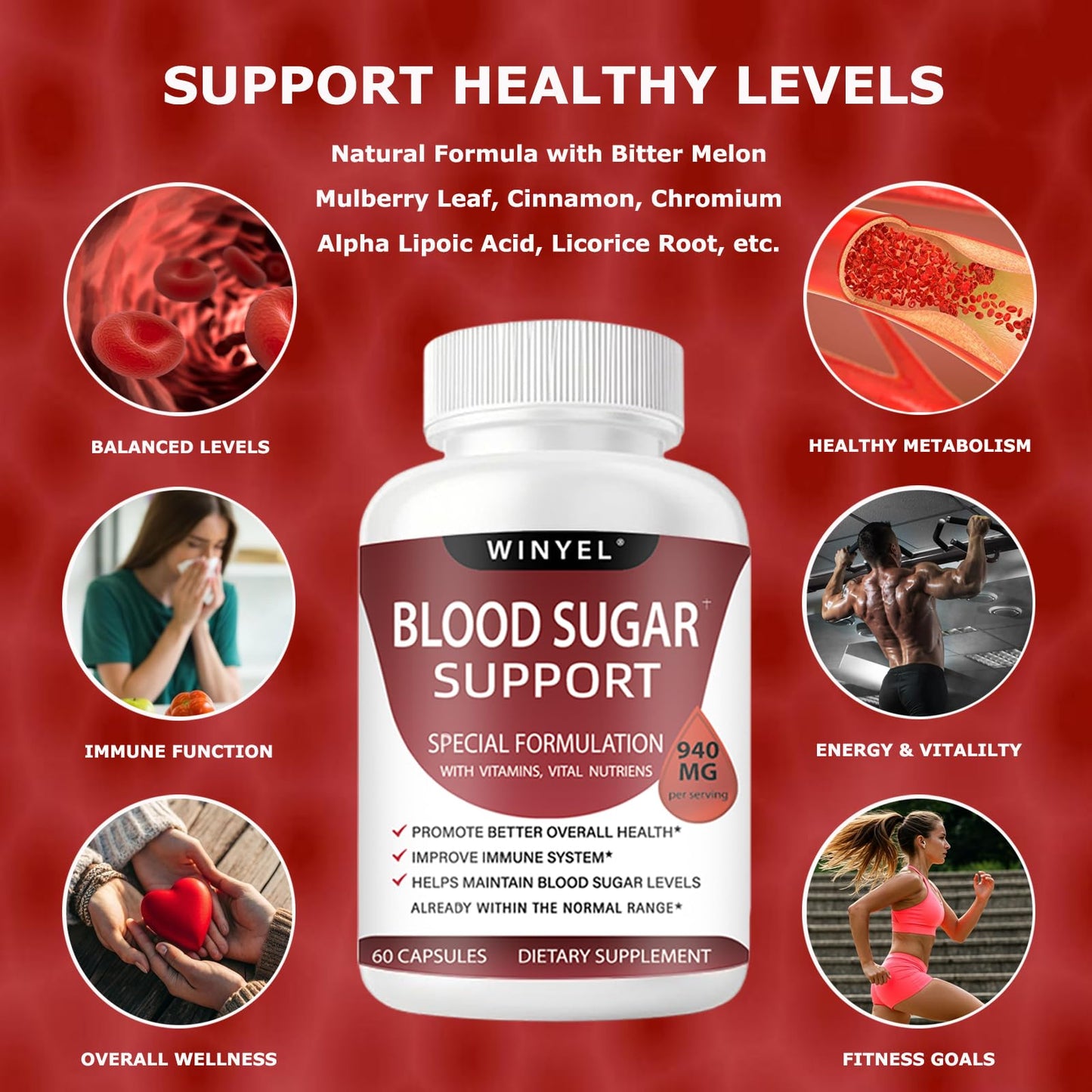 WINYEL Blood Sugar Complex Supplement - with Cinnamon, Bitter Melon, Chromium, Mulberry, Alpha Lipoic Acid, 60 Capsules