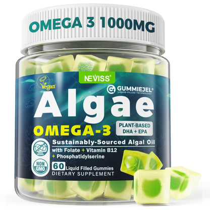 Vegan Omega-3 Gummies for Adults, Fish Oil Alternative from Algae Oil, Plant Based DHA 460mg & EPA 230mg Plus MethylFolate, Vitamin B12, Phosphatidylserine,