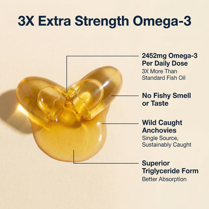 AQUAOMEGA 3X Extra Strength Omega-3 Fish Oil for Heart, Brain & Immune Support, 1636mg EPA, 544mg DHA + Vitamin D3, Full Natural Triglyceride Form,
