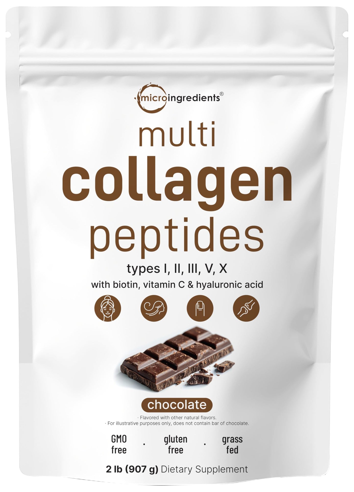 Micro Ingredients Multi Collagen Peptides Powder, 2lb | Type I, II, III, V, X + Biotin, Vitamin C & Hyaluronic Acid | Chocolate Flavor | Supports Hair,