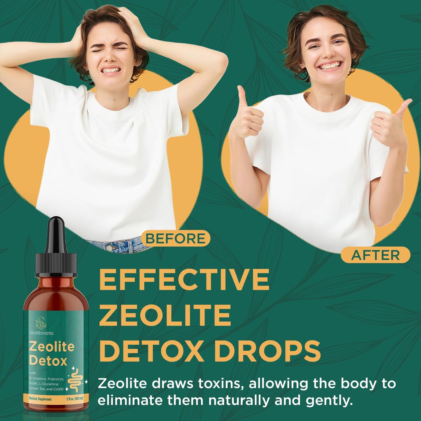 Glorithiventa Zeolite Detox for Adults, Zeolite Liquid Drops with Vitamin B, Probiotic Blend - Energy, Gut, Focus - 2 Fl Oz (1 Bottle)