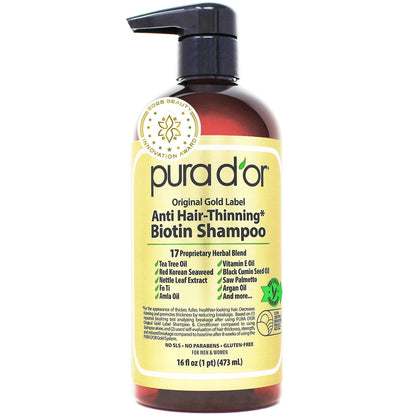 PURA D'OR Original Gold Label Anti-Thinning Shampoo - CLINICALLY TESTED - Biotin & Argan Oil – Sulfate-Free Strengthening & Volumizing for Fuller-Looking Hair,