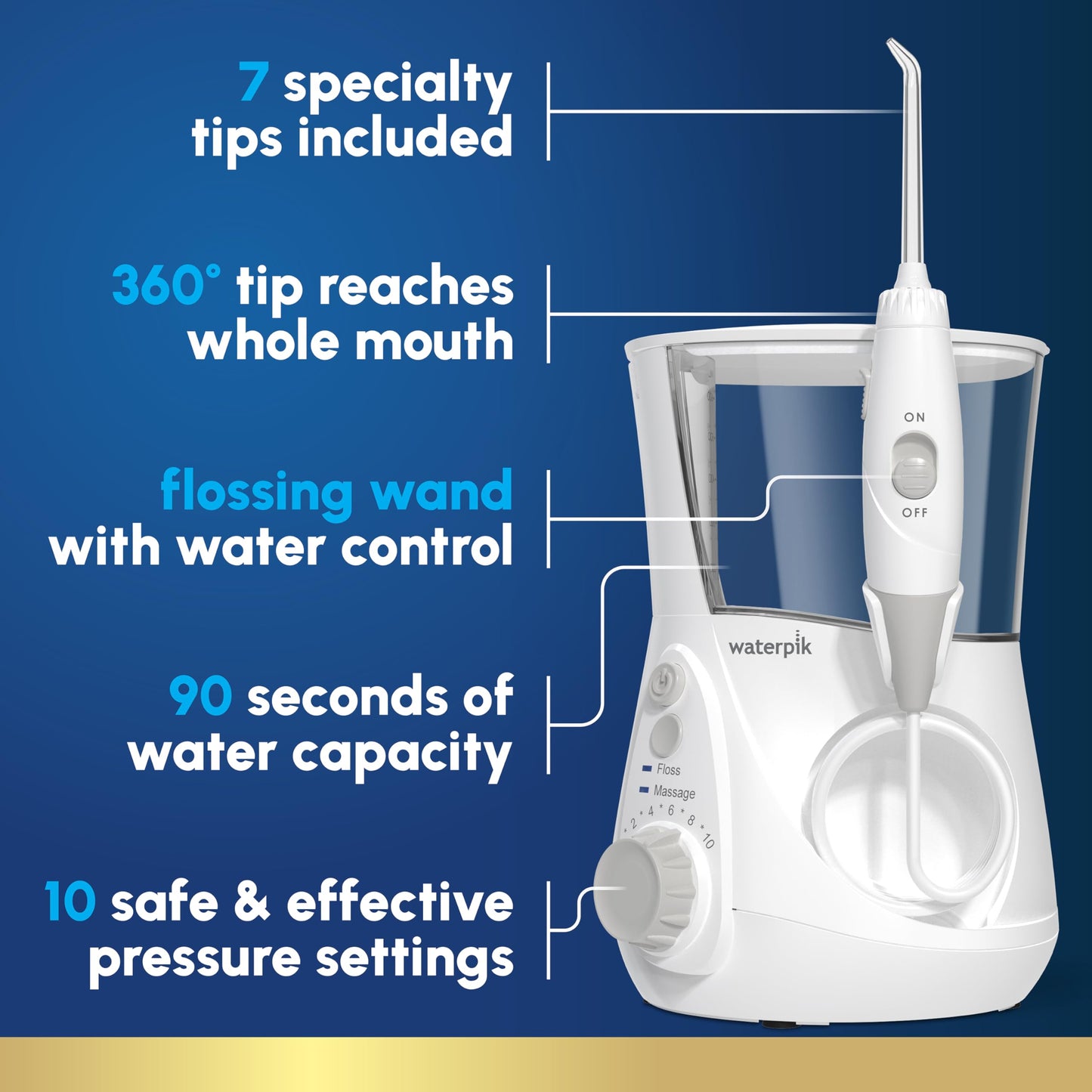 Waterpik Aquarius Water Flosser For Teeth Cleaning, Gums, Braces, Dental Care, Electric Power With 10 Settings, 7 Tips For Multiple Users And Needs, ADA Accepted, W