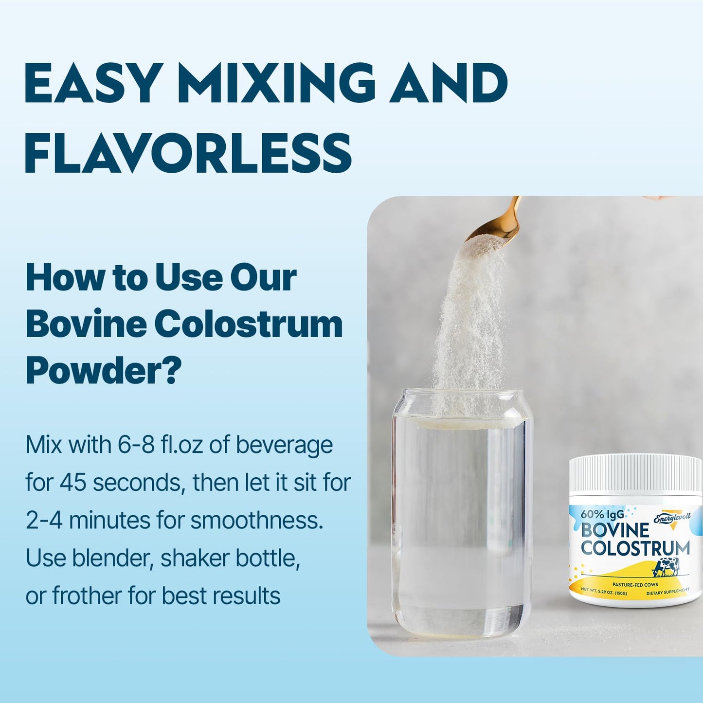 Energievoll Bovine Colostrum Supplement Powder - 60% IgG 3000 mg for Gut, Hair Growth, Beauty, and Immune, Easy to Mix, Unflavored (50 Servings)
