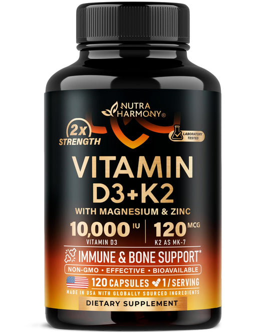 Vitamin D3 K2 - Vitamin D3 10000 iu & K2 as MK-7 120 mcg - Immune & Mood Support, for Bone & Teeth Health - with Magnesium, Zinc & Vitamin C & B12 - Highly Bioavailable
