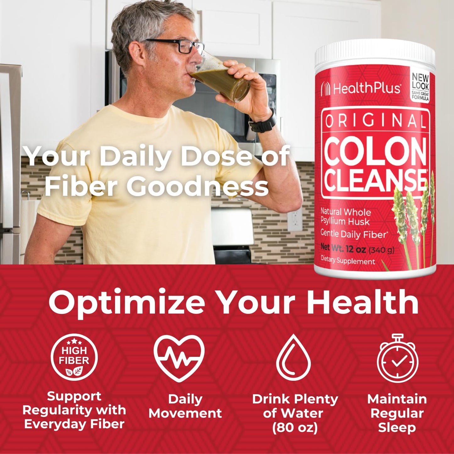 Health Plus Colon Cleanse - Natural Daily Fiber Powder- Gluten Free, Detox, Heart Healthy (12 Ounces, 48 Servings)