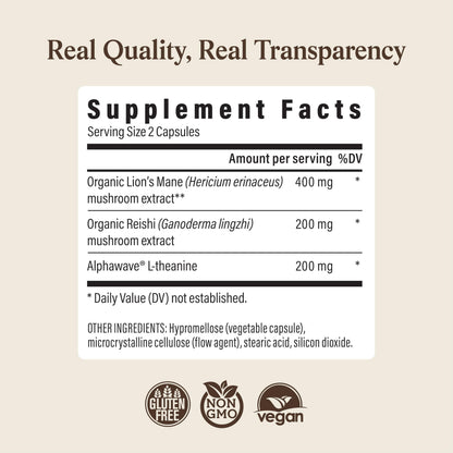 Real Mushrooms Calm Lions Mane Capsules (90 Count) – 400mg Organic Lions Mane Fruiting Body Extracts, 200mg Organic Reishi, 200mg AlphaWave L-Theanine for Calm Clarity & Relaxed Alertness, 90ct