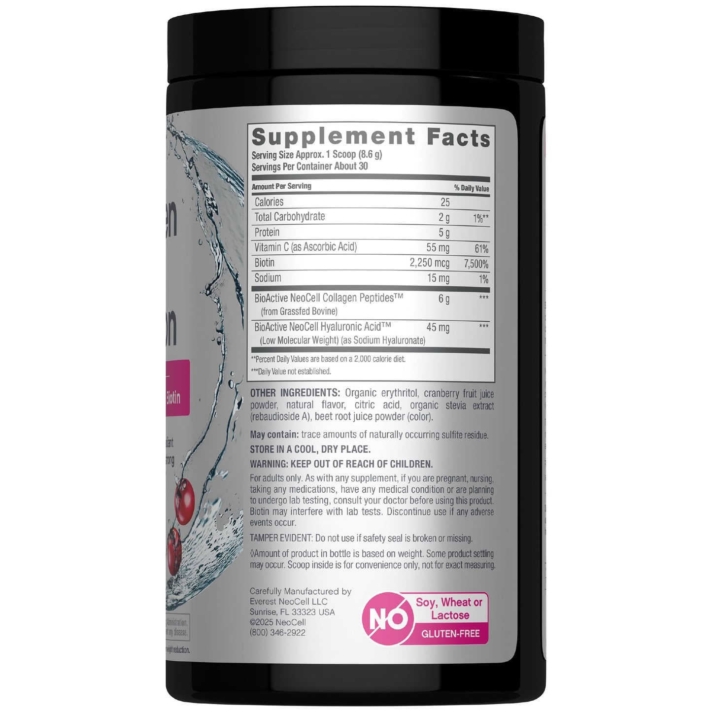 NeoCell Collagen Peptides Powder | 9.1 oz | Grass Fed Bovine | with Biotin and Hyaluronic Acid | Cranberry Cocktail Flavored