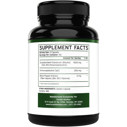 Colostrum Supplement (120 Count) 1000mg Per Serving (Bovine Colostrum Capsules from First Milking Only, Std. to Contain 20% IgG Immunoglobulins) - Grass Fed, No Fillers,