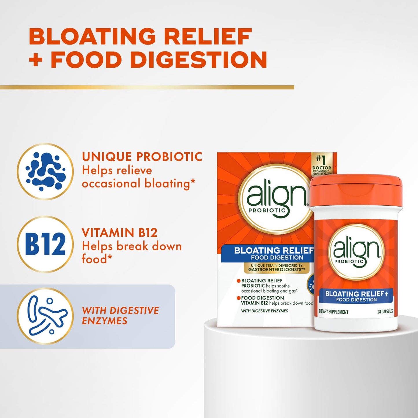Align Probiotic Bloating Relief + Food Digestion, Probiotics for Women and Men, #1 Doctor Recommended Brand‡, Promotes Digestive Health and Helps Support