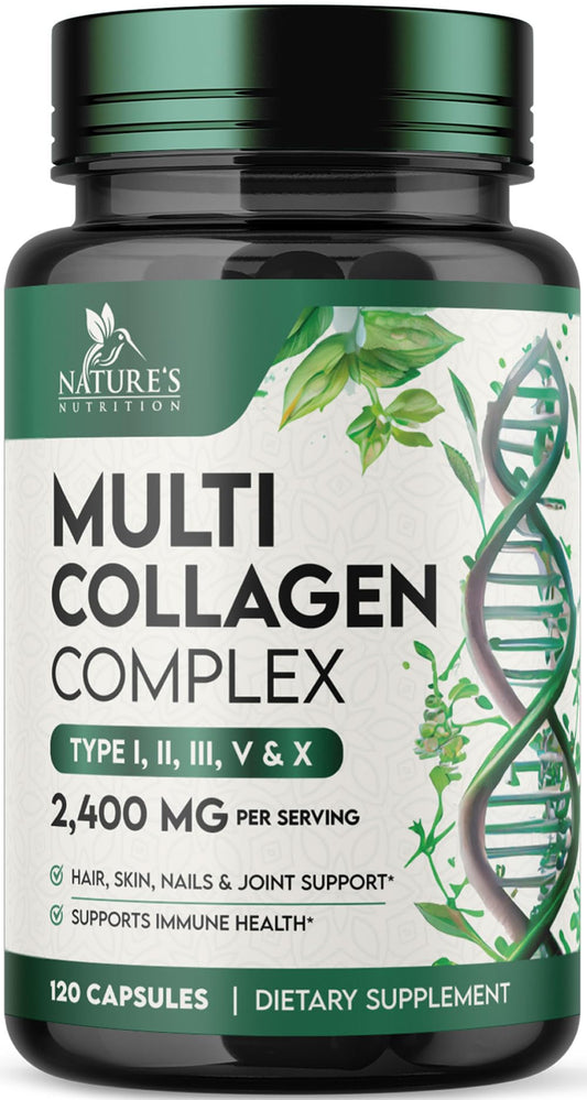 Multi Collagen Complex 2400mg Per Serving - Advanced Formula Types I, II, III, V, X - Hydrolyzed Collagen Pills - Collagen Peptides Supplement for Women & Men - Hair Skin & Nail Support - 120 Capsules Nature's Nutrition buy supplements Au