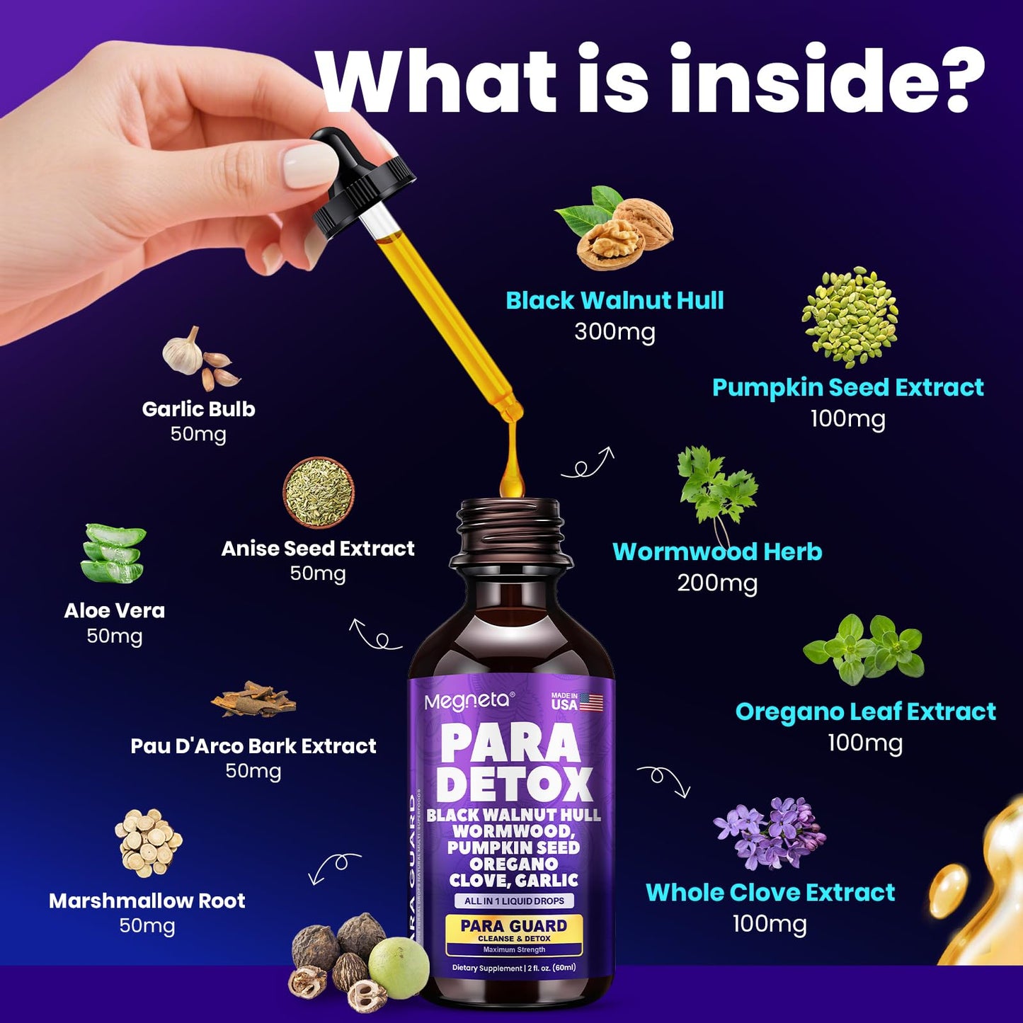 MEGNETA Wormwood Black Walnut Clove Cleanse for Humans- Herbal Gut Cleanse & Digestive Support with Garlic,