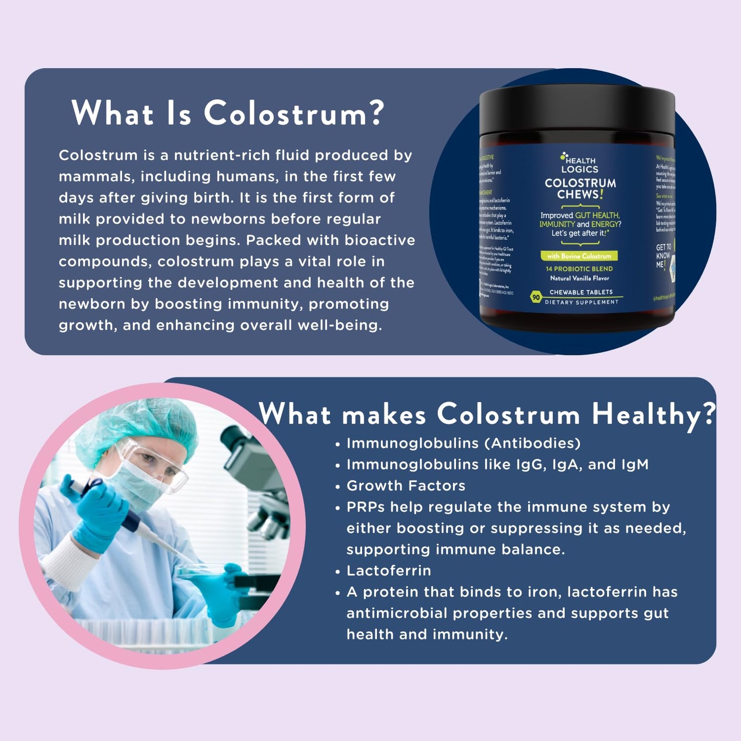 Health Logics Colostrum Chews-Colostrum Supplement 25% IgG for Gut Health, Immune Support, Hair Growth, Vanilla Flavor, 90 Servings