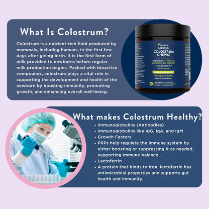 Health Logics Colostrum Chews-Colostrum Supplement 25% IgG for Gut Health, Immune Support, Hair Growth, Vanilla Flavor, 90 Servings