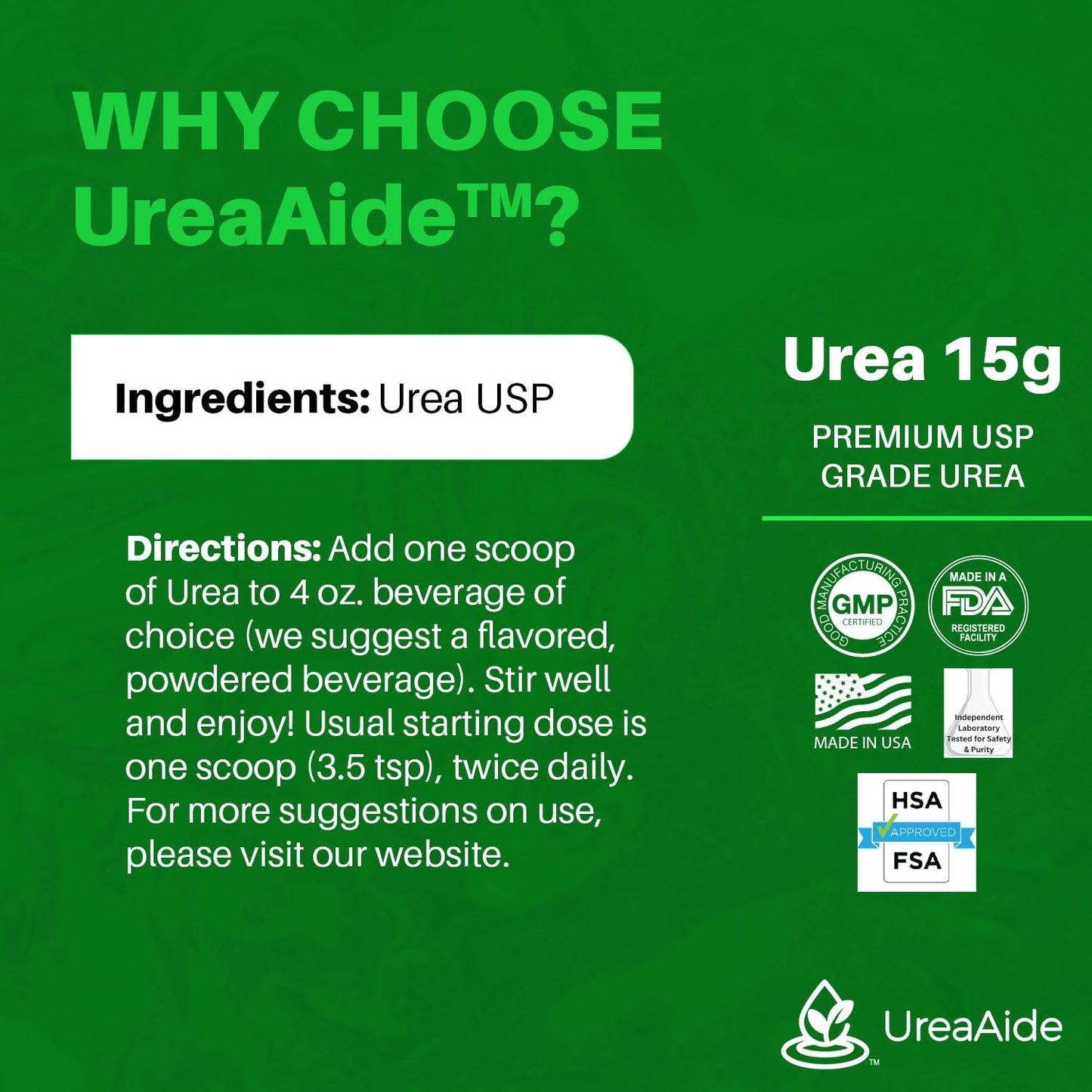 UreaAide Unflavored Urea Powder for Low Sodium 30 Servings Oral Urea Powder for Hyponatremia-Single Ingredient 100% Medical Grade Urea with 15 gram Dose Scoop