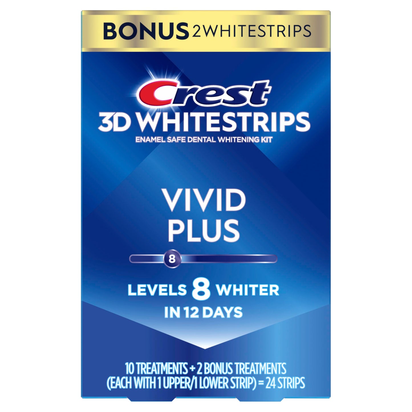 Crest 3D Whitestrips Vivid Plus, Teeth Whitening Strip Kit, 10 Treatments + 2 Bonus Treatments (Each with 1 Upper/1 Lower Strip), 24 Strips