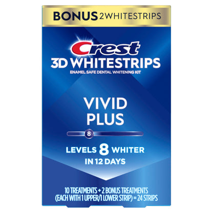 Crest 3D Whitestrips Vivid Plus, Teeth Whitening Strip Kit, 10 Treatments + 2 Bonus Treatments (Each with 1 Upper/1 Lower Strip), 24 Strips