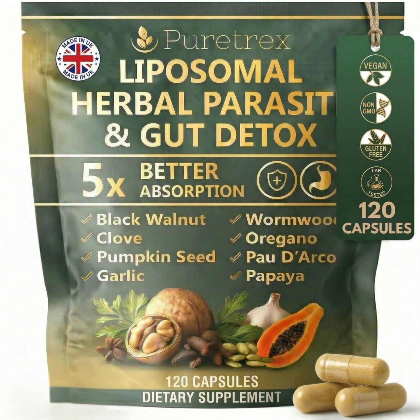 PURETREX Liposomal Herbal Parasite Cleanse for Humans, 9 Herb Wormwood Black Walnut Clove Formula, Gut Detox with Pumpkin Seed Garlic