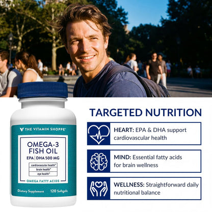 The Vitamin Shoppe Brand Omega 3 Fish Oil 1000mg with EPA DHA 500mg, Cardiovascular, Brain & Eye Health Support for Men and Women, Sourced from Anchovy,