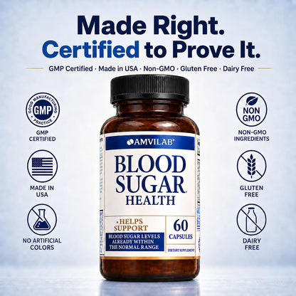 AMVILAB Blood Sugar Health Natural 20 Herbs and Vitamins with Cinnamon, Alpha Lipoic Acid to Support Health, Non-GMO, for Men Women, Supports Healthy Energy Levels
