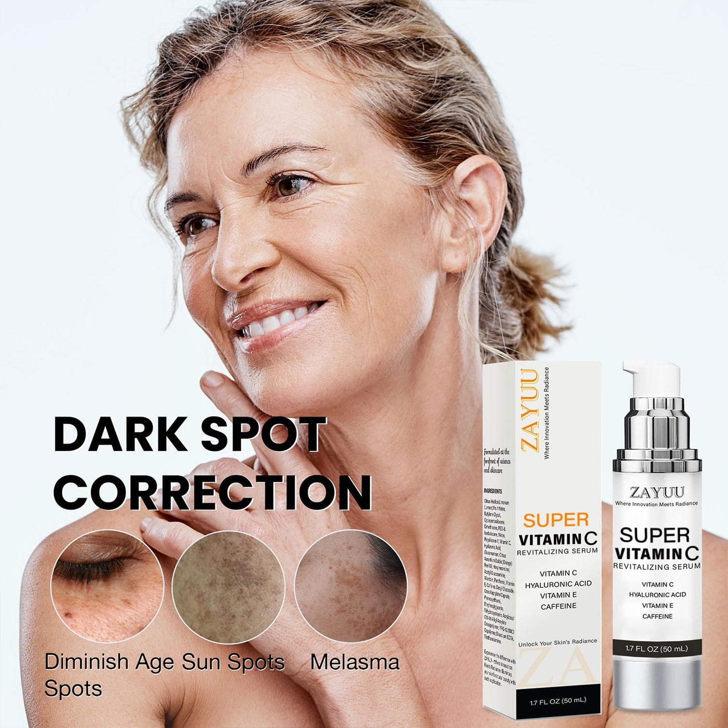 Super Vitamin C Face Serum for Mature Skin: Hydrating Brightening Formula - Vitamin C, Hyaluronic Acid, Vitamin E, Caffeine