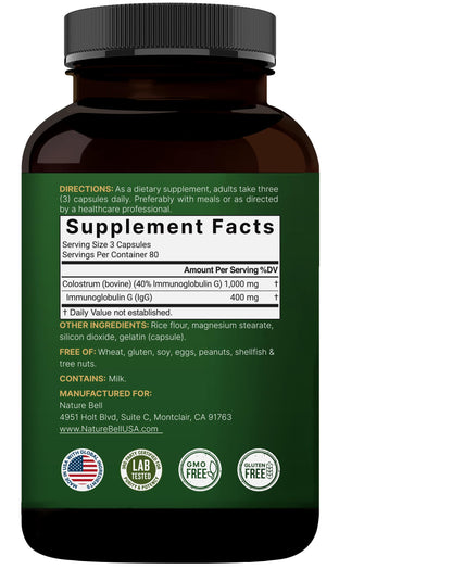 NatureBell Bovine Colostrum Supplement 1,000mg Per Serving, 240 Capsules | 40% IgG Colostrum Powder for Gut Health, Bloating, Skin,