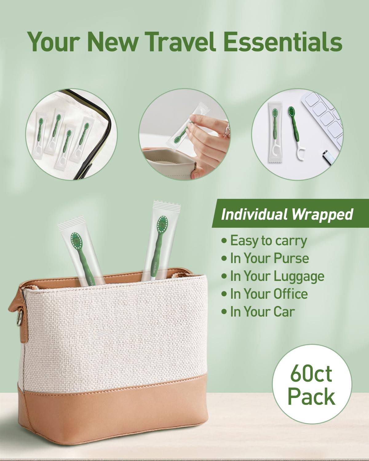nicedae Disposable Mini Travel Toothbrush Bulk with Toothpaste 5in1 60Ct Portable Toothbrushes Set Floss Pick Tongue Scraper Cruise