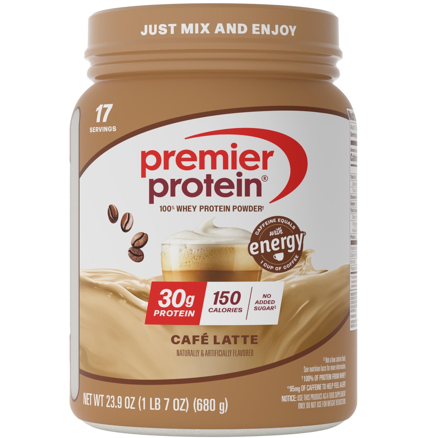 Premier Protein Powder, Café Latte, 30g Protein, 95mg Caffeine for Energy, No Added Sugar, 100% Whey Protein, Keto Friendly