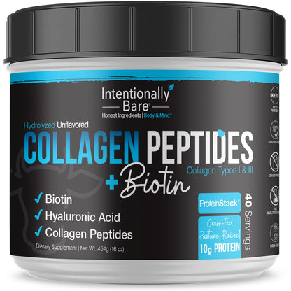 Intentionally Bare Grass Fed Hydrolyzed Collagen Peptides Powder - Bovine Collagen Powder – with Biotin, Hyaluronic Acid, Vitamin C & Zinc - Peptides I & III