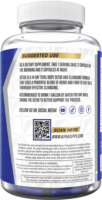 Alpha Supps Detox 14 Day Full Body Cleanse & Gut Support - Natural Detoxify Formula for Women & Men with Cascara Sagrada, Psyllium Husk & Senna Leaf