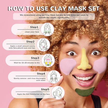ANAI RUI 3 Pack Clay Mask Set Turmeric Vitamin C Clay Mask -Rose Facial Mask -Avocado Green Tea Mud Mask Smoothing, Hydration & Glow,Spa Gift Set