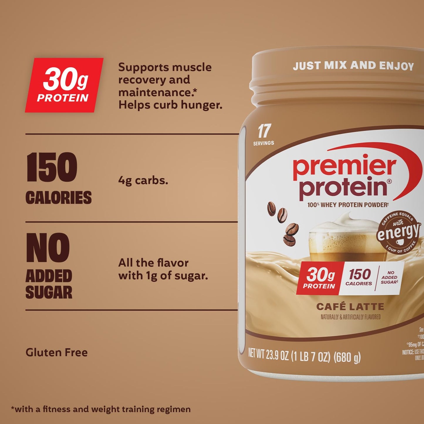 Premier Protein Powder, Café Latte, 30g Protein, 95mg Caffeine for Energy, No Added Sugar, 100% Whey Protein, Keto Friendly