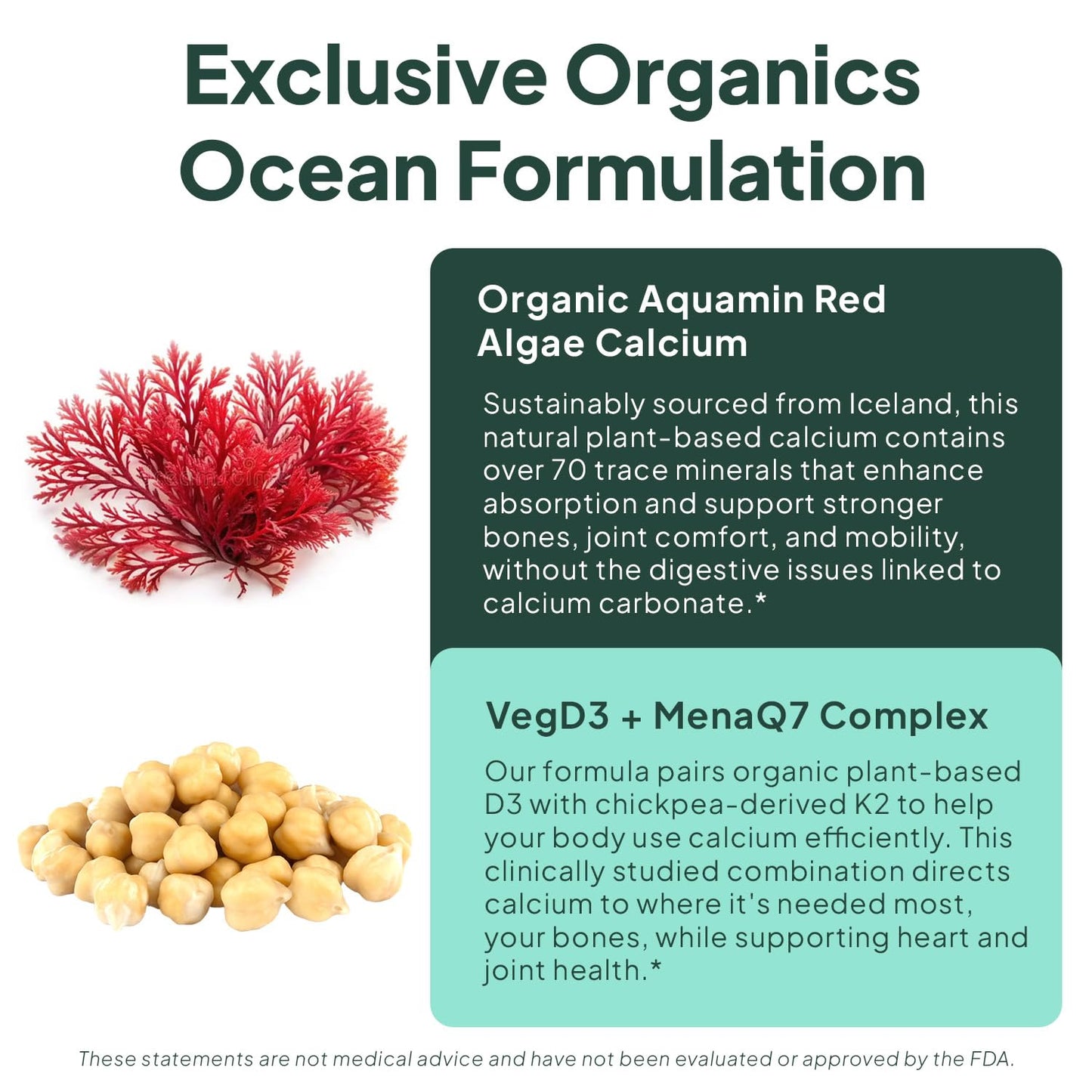 Organics Ocean Better Calcium - Organic Red Algae Calcium with Vitamin D3 and K2 Supplements - Supports Bone Structure, Joint Comfort & Encourages Healthy Aging