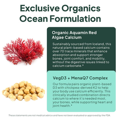 Organics Ocean Better Calcium - Organic Red Algae Calcium with Vitamin D3 and K2 Supplements - Supports Bone Structure, Joint Comfort & Encourages Healthy Aging