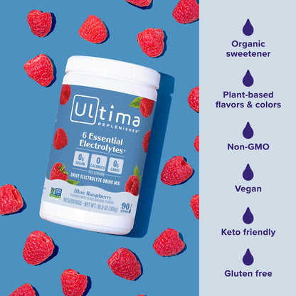 Ultima Replenisher Daily Electrolyte Powder Drink Mix – Sugar Free – Blue Raspberry, 90 Servings – Hydration Powder with 6 Electrolytes and Minerals