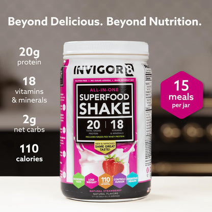 INVIGOR8 Superfood Grass Fed Whey Protein Isolate Shake Natural Strawberry Gluten-Free and Non GMO Meal Replacement with Probiotics and Omega 3 (645g)