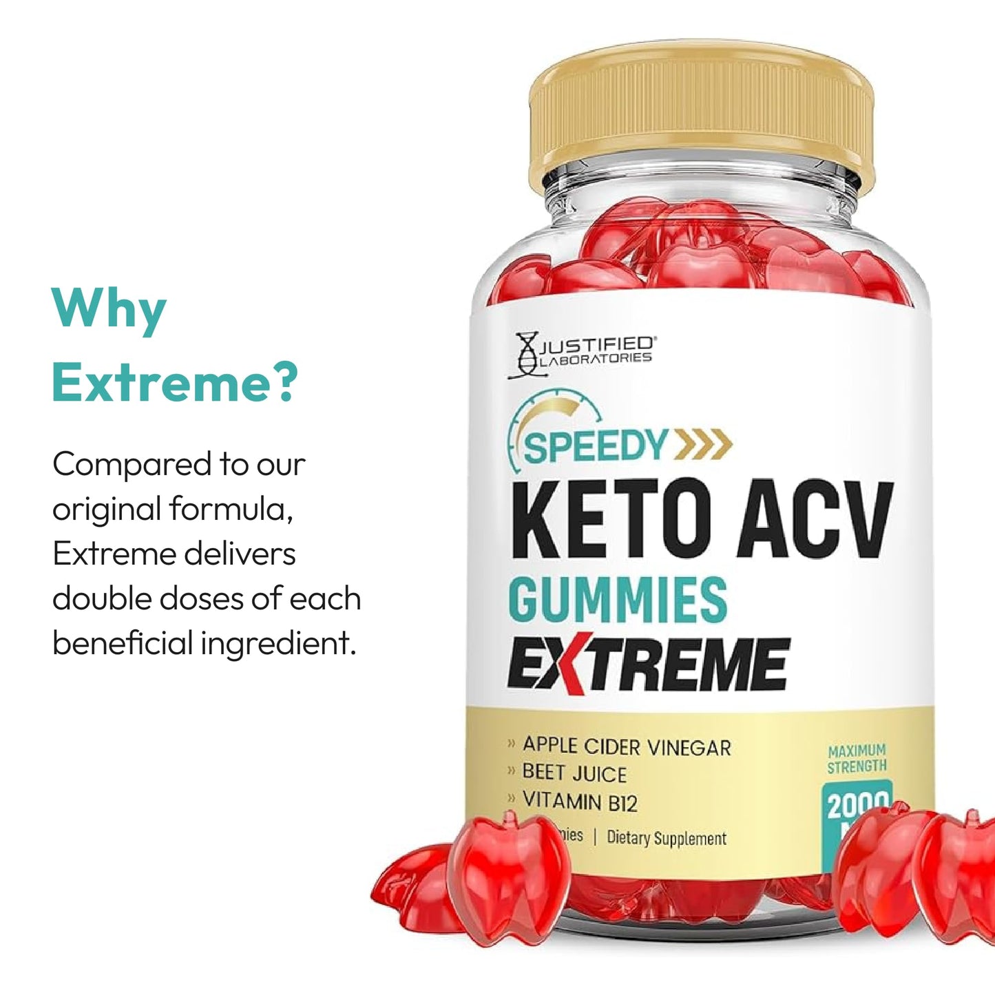 Justified Laboratories Speedy Keto ACV Gummies Extreme (2000 mg) - 60 Count - Formulated with Apple Cider Vinegar, Folate & Vitamin B12 - Non-GMO, Vegan, Gluten Free - 30 Servings