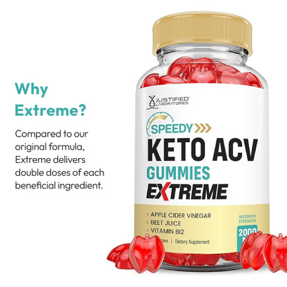 Justified Laboratories Speedy Keto ACV Gummies Extreme (2000 mg) - 60 Count - Formulated with Apple Cider Vinegar, Folate & Vitamin B12 - Non-GMO, Vegan, Gluten Free - 30 Servings