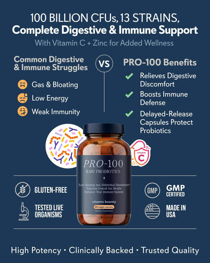 Vitamin Bounty Pro-100 Probiotic 100 Billion CFU - 13 Strains for Digestive Health & Immune Support - High Potency Probiotics for Women & Men