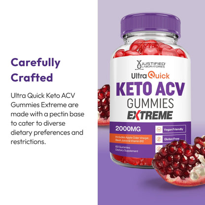 Justified Laboratories Ultra Quick Keto ACV Gummies Extreme (2000 mg) - 60 Count - Formulated with Apple Cider Vinegar, Folate & Vitamin B12