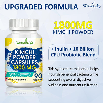 Kimchi Probiotic Capsules, Fermented Kimchi Powder with 10 Billion CFU Probiotics & Prebiotic Inulin, Gut Health & Digestive Support, Fermented Vegetable